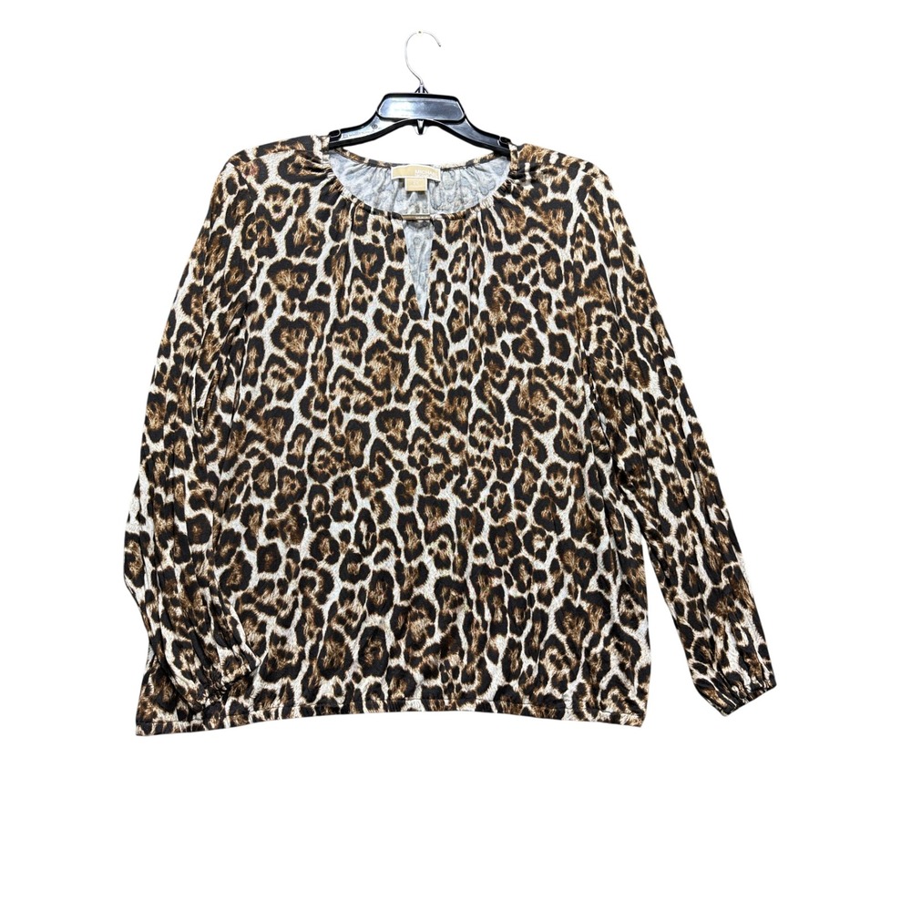 Michael Michael Kors Blouse Womens 2X Brown Leopard Print Long Sleeve Keyhole